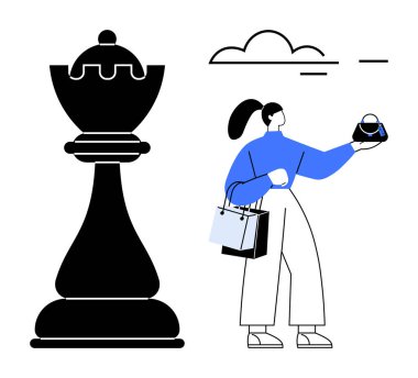 At kuyruklu kadın küçük bir çanta tutuyor, alışveriş torbaları taşıyor ve büyük bir satranç taşının yanında bulut altında duruyor. Strateji, alışveriş, karar verme, perakende, denge, yan yana gelme, yaşam tarzı için ideal