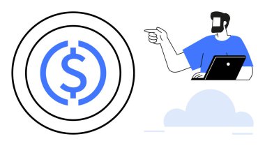 Adam dizüstü bilgisayar kullanırken madeni para simgesini işaret ediyor, aşağısı bulutlu. Fintech, online bankacılık, yatırımlar, tasarruflar, finansal yönetim, dijital işlemler e-ticaret için ideal. Soyut satır düzlüğü