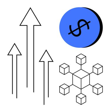 Büyümeyi ve ilerlemeyi gösteren yukarı doğru oklar, finansal kavramları gösteren mavi çember, bağlanabilirliği ve dijital altyapıyı sembolize eden blok zinciri ağı. İdeal