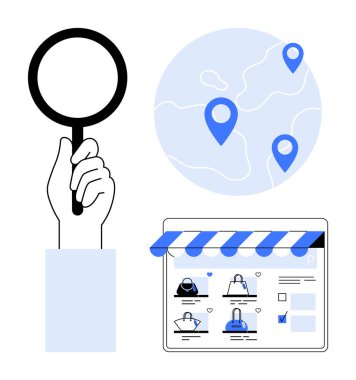 Haritanın üzerinde el ele tutuşan büyüteç, arama ve keşfi simgeliyor. Ürün listeleri ve alışveriş arabalarıyla çevrimiçi mağaza arayüzü. E-ticaret ve navigasyon için ideal.