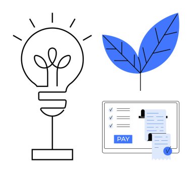 İçinde yeniliği sembolize eden bir bitki ampulü, çevreci dostluğu temsil eden mavi bir yaprak, ödeme düğmesi ve makbuzları olan dijital işlem ekranı. Teknoloji, sürdürülebilirlik ve fintech için ideal