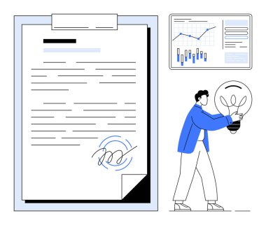 İmza ve veri analiz panosunun yanında dev bir ampul tutan adam. İş danışmanlığı, yenilik, strateji planlaması, veri analizi, sözleşme anlaşmaları için ideal