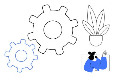 Bir saksı bitkisinin yanında büyük ve küçük vitesler ve yukarı bakan mavi gömlekli bir insan. Takım çalışması, işbirliği, büyüme, yenilik, verimlilik, organizasyon ve strateji için ideal. Bir soyut