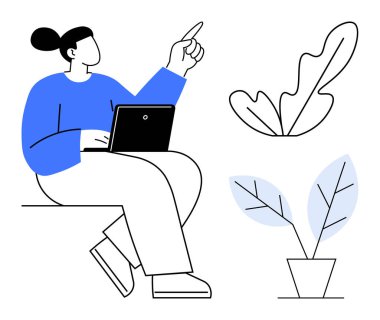 Kucağında dizüstü bilgisayarı olan, yukarı bakan biri. Yakınlarda iki stilize bitki var. Öğrenme, öğretme, büyüme, uzak çalışma, yenilik yaratıcılık ve ilham temaları için idealdir. Soyut satır düzlüğü