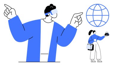 VR kulaklığı kullanan iki kişi sanal ortamları işaret ederek ve keşfederek dijital bir dünyayla etkileşime giriyor. Teknoloji, yenilik, sanal gerçeklik, sosyal bağlantı, dijital deneyimler için ideal