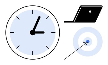 Zaman takibini gösteren saat, işi ve verimliliği sembolize eden dizüstü bilgisayar, hedefleri ve odaklanmayı gösteren ok ile hedef. Zaman yönetimi, üretkenlik, hedefler, verimlilik, odak, süreler için ideal