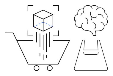Üstünde yüzen küp olan alışveriş arabası, beyin çizgisi ve alışveriş çantası. E-ticaret, online alışveriş, yenilik, beyin gücü, yaratıcılık dijital pazarlama yapay zekası için idealdir. Modern soyut
