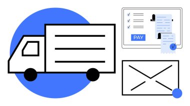 Teslimat kamyonu, ödeme makbuzu ekranda Ödeme düğmesi, zarf. Lojistik, e-ticaret, çevrimiçi ödemeler, iş işlemleri, dağıtım hizmetleri, dijital makbuz iletişimi için ideal