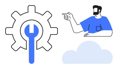 Vites ve anahtar ikonları, insan ve bulut görüntüsü onarım, yol gösterme ve bulut hesaplamasını iletir. Teknoloji, destek, tavsiye, bakım bulutu çözümleri takım çalışması yeniliği için idealdir. Soyut