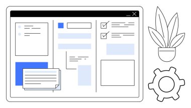 Görev listeli masaüstü ekranı, bildirim, ayar donanımı ve bitki simgesi. Üretkenlik, organizasyon, dijital iş akışı, zaman yönetimi, ofis yazılım yönetimi için ideal soyut