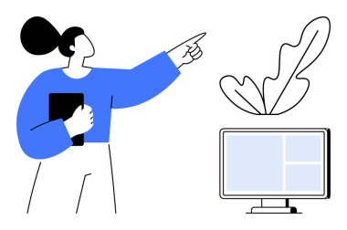 Siyah saçlı, mavi kazaklı bir kadın bilgisayar ekranını işaret ediyor, elinde tablet var. Soyut yaprak elementi. Yaratıcılık, teknoloji, eğitim, sunum, işyeri, yenilik rehberliği için ideal