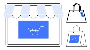 Vitrinde tente ve alışveriş arabası grafiği, etiketli siyah alışveriş çantası, geri dönüşüm sembollü beyaz çanta. E-ticaret, perakende, çevrimiçi alışveriş, satış, çevre ve pazarlama için ideal