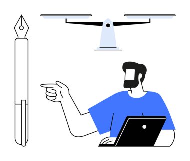 Sakallı adam dizüstü bilgisayar kullanıyor ve insansız hava aracına ve dolma kaleme el sallıyor. Yenilik, teknoloji, yaratıcılık, eğitim, modern çalışma, dijital çağ, gelecekçi fikirler için idealdir. Renkli soyut çizgi düz