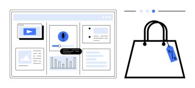 Fiyat etiketli bir alışveriş çantasının yanında video, arama ve analitik modüllerle arayüz. E-ticaret, çevrimiçi alışveriş, dijital pazarlama, analitik, satış analizi, perakende stratejisi için ideal