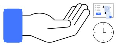 İnsan eli açık, dijital ödeme işleme ekranı ve duvar saati. Finans, dijital işlemler, zaman yönetimi, çevrimiçi alışveriş, maaş bordrosu, iş verimliliği e-ticaret için ideal