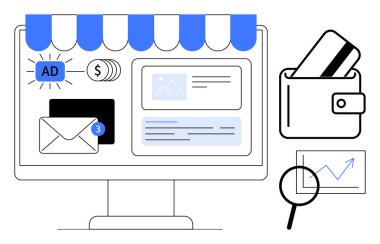 E-ticaret mağazalarını e-posta bildirimleri, reklamlar ve ödeme seçenekleriyle gösteren bir bilgisayar ekranı. Kredi kartlı cüzdan ve grafik ikonlu büyüteç. Pazarlama için ideal