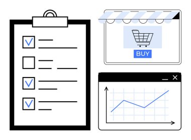 İşaretli pano, alışveriş arabalı e-ticaret penceresi ve satın alma düğmesi, veri eğilimini gösteren grafik. Proje yönetimi, e-ticaret, üretkenlik, analitik, çevrimiçi alışveriş için ideal
