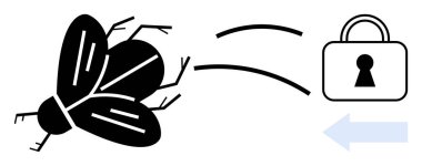 Siyah böcek kilit deliğiyle asma kilide yaklaşıyor. Mavi yönlü ok sol tarafı gösteriyor. Siber güvenlik, dijital güvenlik, zararlı yazılım koruması, antivirüs, web güvenliği, gizlilik farkındalığı için idealdir. Çizgi