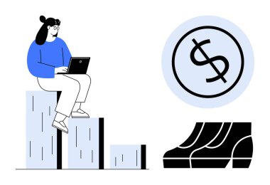 Dizüstü bilgisayarda yazan bir kadın, çeşitli yüksekliklerde bir bar tablosunun üzerinde oturuyor, dolar işareti büyük bir daire şeklinde, yükselen grafikler. Finans, yatırım, iş büyümesi, veri analizi, ekonomi ve finans için ideal