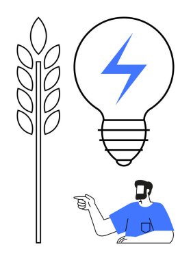 Buğday sapını ve içinde yıldırım olan ampulü gösteren bir adam. Yenilik, sürdürülebilirlik, yenilenebilir enerji, tarım, eğitim, farkındalık, çevre dostu girişimler için idealdir. Modern