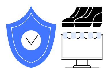 İşaretli mavi kalkan güvenliği simgeliyor. Siyah sunucu veri depolamayı gösteriyor. Kağıt içeren beyaz monitör de belgeleri gösteriyor. Çevrimiçi güvenlik, bilişim, veri gizliliği, koruma ve dijital için ideal