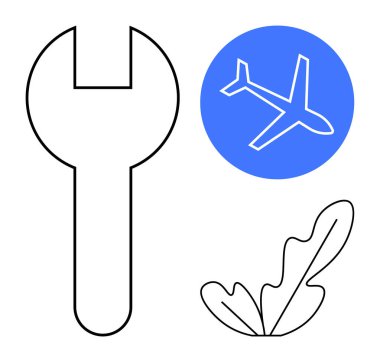 Mavi daire, uçakla, büyük siyah anahtar, yaprak ikonu. Seyahat, onarım, doğa, mühendislik, sürdürülebilirlik havacılığı konuları için idealdir. Soyut çizgi düz metafor