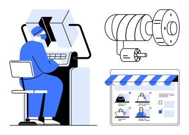 Bilgisayarda çalışan mühendis, çevrimiçi arayüz ürünleri sergilerken mekanik parçalar tasarlıyor. Mühendislik, imalat, tasarım, teknoloji, e-ticaret, endüstriyel eğitim için ideal
