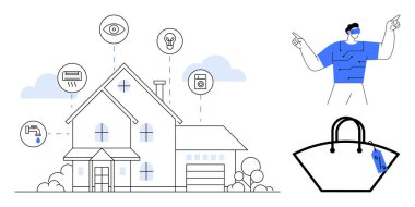 Havalandırma, gözetleme, aydınlatma ve alet edevat gibi bağlı cihazları olan akıllı bir ev, yanında VR kulaklık ve alışveriş çantası kullanan bir kişi. Teknoloji ve yenilik için ideal