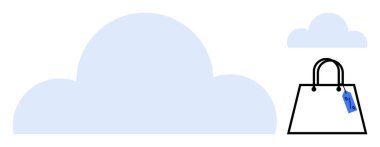 Bulutlar ve fiyat etiketli alışveriş torbaları online alışveriş, bulut teknolojisi, dijital depolama ve e-ticaret ile bağlantılı. Dijital işlemler, bulut hizmetleri, teknoloji perakendecisi, siber güvenlik için ideal