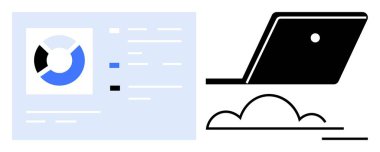 Bulut grafiğinin üzerindeki dizüstü bilgisayar bulut hesaplamasını öneriyor. Pasta grafiği ve veri sütunları veri analizi içeriyor. Teknoloji, iş verimliliği, uzaktan çalışma, veri görselleştirme, bulut hizmetleri için ideal