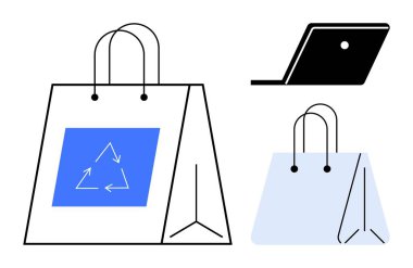 Geri dönüşüm ikonuna sahip çevre dostu alışveriş torbası sürdürülebilirliği vurguluyor. Yanında dijital kolaylığı gösteren bir dizüstü bilgisayar var. Çevrimiçi alışveriş, sürdürülebilirlik, e-ticaret, dijital