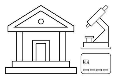 Finansal yapı, mikroskop ve basit siyah çizgilerle gösterilen kredi kartı. Eğitim, finans, bilim, teknoloji, araştırma ticareti ve akademik temalar için idealdir. Satır metaforu