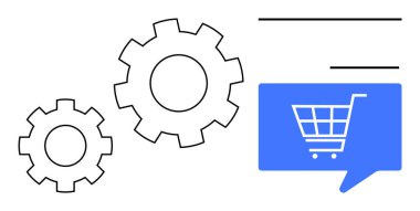 Bir sohbet balonunda mavi alışveriş arabası simgesinin yanında vites ve otomasyonu sembolize eder. E-ticaret, çevrimiçi perakende, teknoloji entegrasyonu, dijital pazarlama, süreç optimizasyonu için ideal