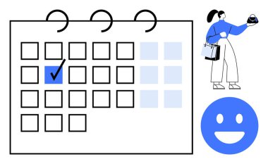 İşaretli tarihli takvim, alarm saati tutan karakter ve mutlu yüz simgesi. Zaman yönetimi, zamanlaması, verimliliği, hatırlatıcıları, organizasyonu, verimli planlama soyut çizgisi için ideal