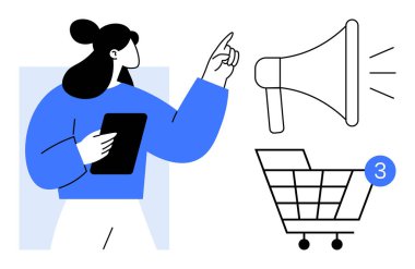 Elinde tablet bulunan kadın, elinde bir alışveriş arabasının yanındaki hoparlörü işaret ediyor. E-ticaret, pazarlama, müşteri ilişkileri, çevrimiçi alışveriş, dijital reklam, kullanıcı