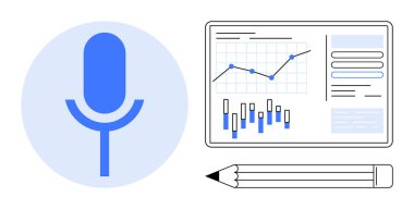 Dijital ekranda mikrofon sembolü, grafik ve grafik görüntüsü ve kalem. Sunum, podcast, analitik, raporlama, akademik, medya ve pazarlama projeleri için ideal. Satır metaforu