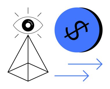 Piramidin tepesinde bir göz, mavi para, iki paralel ok sağa bakıyor. Finans, vizyon, gözetim, büyüme, gelişim, zenginlik yönetimi kavramları için idealdir. Soyut çizgi düz metafor