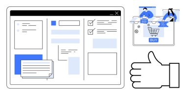 İşaretli kutular ve iletilerle sıralama yönetimini gösteren bilgisayar ekranı. Alışveriş arabasında insanlar ve yüzde işareti var. Başparmaklar yukarı. E-ticaret, müşteri memnuniyeti ve kullanıcı için ideal