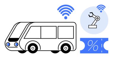 Kablosuz bağlantı, robot otomasyon sembolü ve indirimli bilet ile donatılmış otonom otobüs. Toplu taşıma için ideal, akıllı şehir, yenilik, otomasyon, yapay zeka, bağlantı kenti