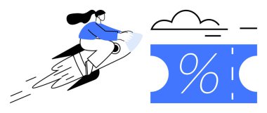 Roket süren bir kadın, bulutlu mavi yüzdelik kupona doğru hızla ilerliyor. Hız, başarı, indirim, satış, başarılar, büyüme yeniliği kavramları için idealdir. Soyut satır düzlüğü