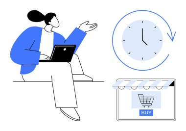 Dizüstü bilgisayar kullanan bir kadın, saatinin yanında ok ve satın alma düğmeli bir market arabası olan bir el kol hareketi yapıyor. E-ticaret, zaman yönetimi, çevrimiçi alışveriş, verimlilik, iş hayatı dengesi, dijital pazarlama için ideal