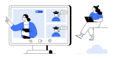 Eğitmen canlı öğretirken kitabı gösterip tutuyor. Mezuniyet şapkalı iki öğrenci ekranda. Dizüstü bilgisayarı olan kadın. E-öğrenme, sanal sınıflar, online seminerler, uzaklık için ideal