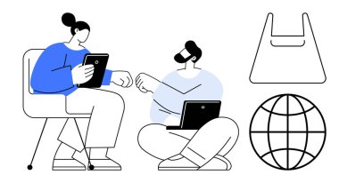 Tabletler ve dizüstü bilgisayarlar kullanarak takım çalışmasını ve modern iletişimi sembolize eden iki kişi. Temalar için ideal uzak çalışma, küresel bağlantı, teknoloji, iş, işbirliği