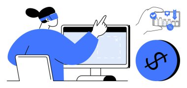 Bilgisayar ekranı ile etkileşime girerken VR kulaklık kullanan bir kadın, market ürünleri ile el ele tutuşan bir kadın, dolar işareti. Teknoloji için ideal, sanal gerçeklik, e-ticaret, dijital alışveriş, fintech, gelecek