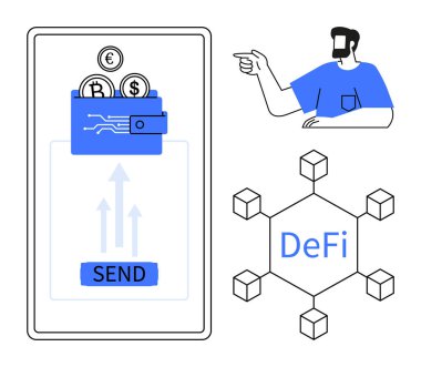 Para birimi sembollü dijital cüzdan Bitcoin, Euro, Dollar akıllı telefonda, DeFi etiketli bloklara işaret eden adam. Finans, dijital ödemeler, engelleme zinciri, teknoloji ve yenilik için ideal