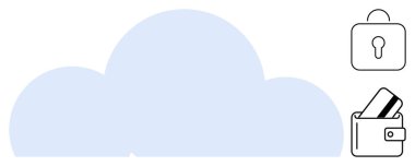 Büyük mavi bulut, kilit simgesi, cüzdan, kredi kartı. Çevrimiçi işlemler, bulut depolama, veri koruması, siber güvenlik, e-ticaret bankacılığı ve dijital güvenlik için ideal. Satır metaforu