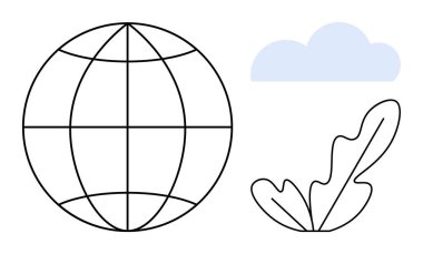 Ağ çizgileri, mavi bulut ve organik yaprak şekilli soyut bir küre. Çevresel farkındalık, sürdürülebilirlik, küresel iletişim, doğa koruma, iklim hareketi, eğitim için ideal