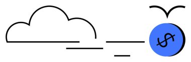 Üzerinde dolar işareti olan uçan mavi dairenin yanındaki basit bir kara bulut bulut tabanlı finansal büyümeyi temsil ediyor. Finans, teknoloji, yenilik, büyüme, verimlilik, refah temaları için ideal