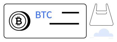 Bitcoin logosu, para birimi kodu BTC, çizgili kart, alışveriş torbası taslağı, küçük bulut simgesi. Kripto para birimi, dijital ödemeler, online alışveriş, e-ticaret dijital cüzdanlar için ideal