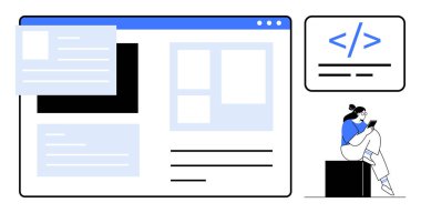 Arayüz düzeni yakınındaki tablette kodlama yapan kadın ve büyük ekranda web tasarımları ve kısa kod. Web geliştirme, programlama, tasarım, UXUI, uygulama oluşturma, teknoloji eğitimi, dijital projeler için ideal